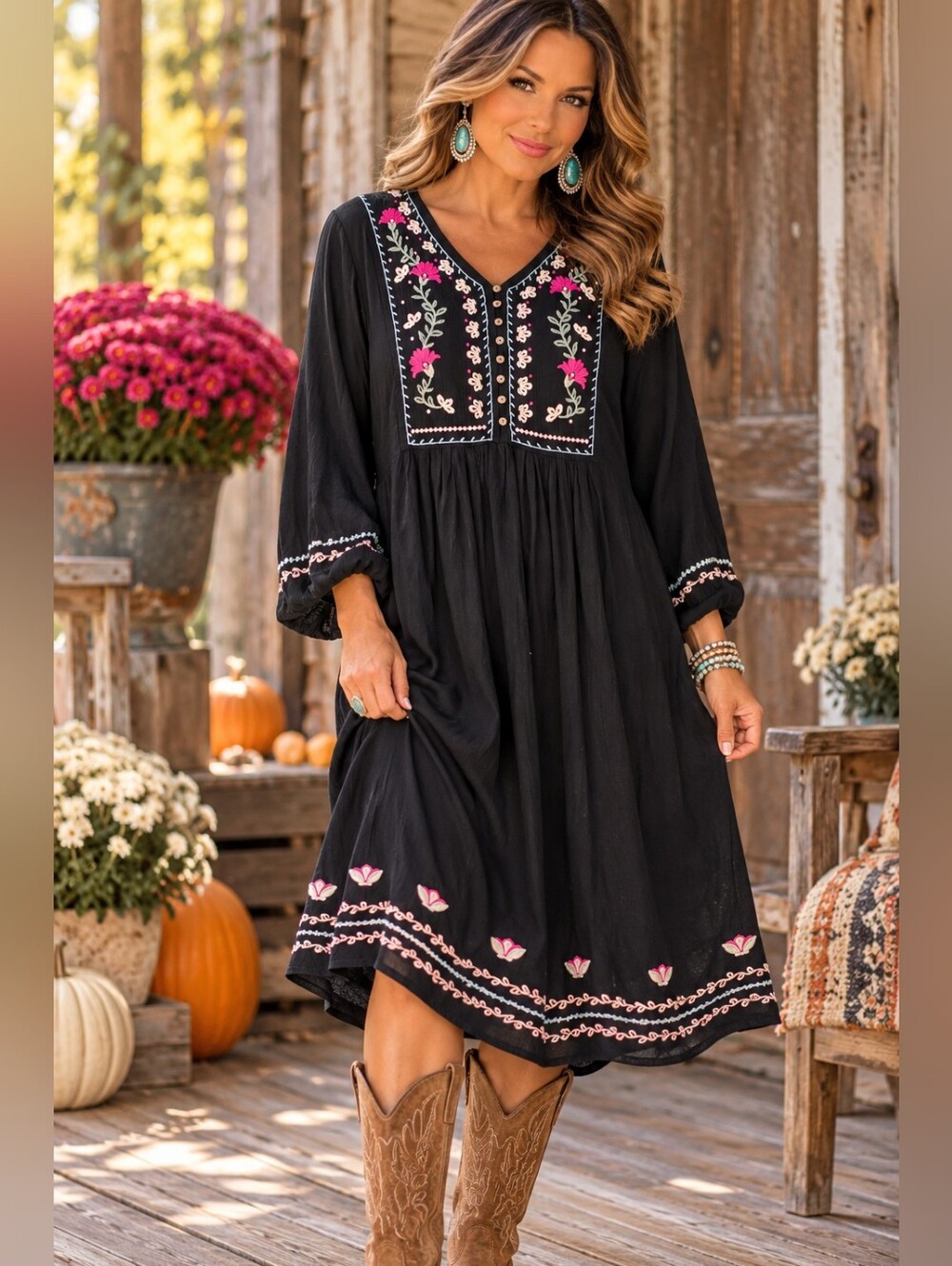 NWT Wonderly XXL Black Floral Embroidered Boho Midi Dress